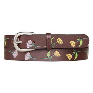 8916 Women's Skinny Leather Jean Belt With Floral Embossed And Handpainted